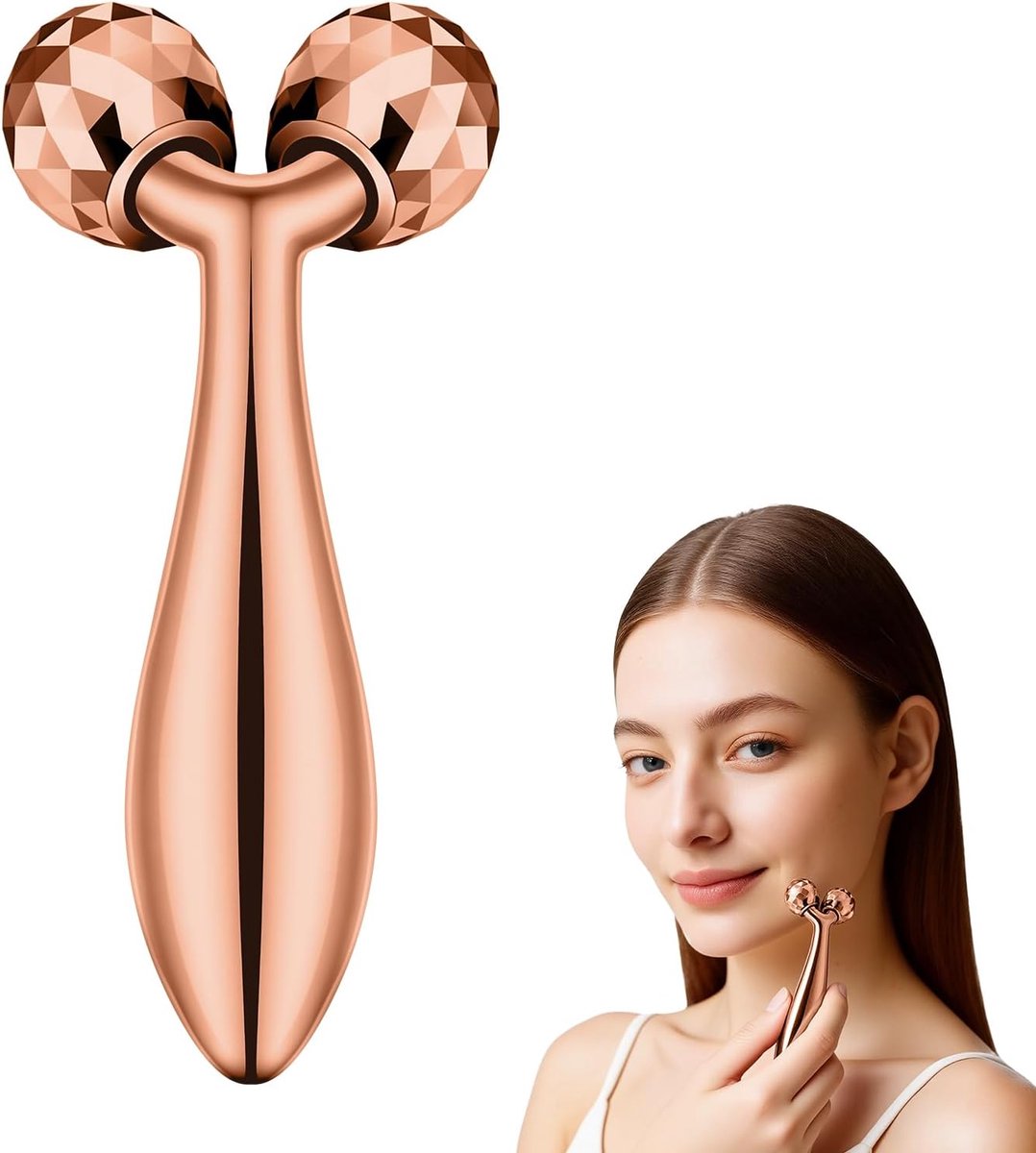 Thijox - Beugo 3D Gezichtsmassageroller, 360° Roterende Massageroller voor Gezichtsmassage, Lifting, Modelleren en Verstevigen, Roségoud, Koel en Ontz