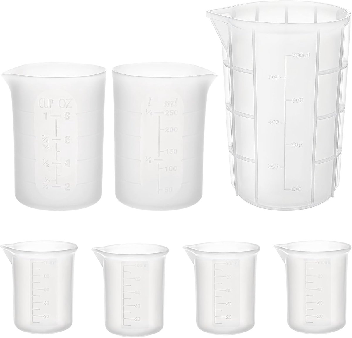 Thijox - Siliconen Maatbeker Set 7 Stuks voor Epoxyhars, 300ml & 250ml Siliconen Maatbekers, Roerstokjes, Mallen en Matten voor Knutselen en Sieraden