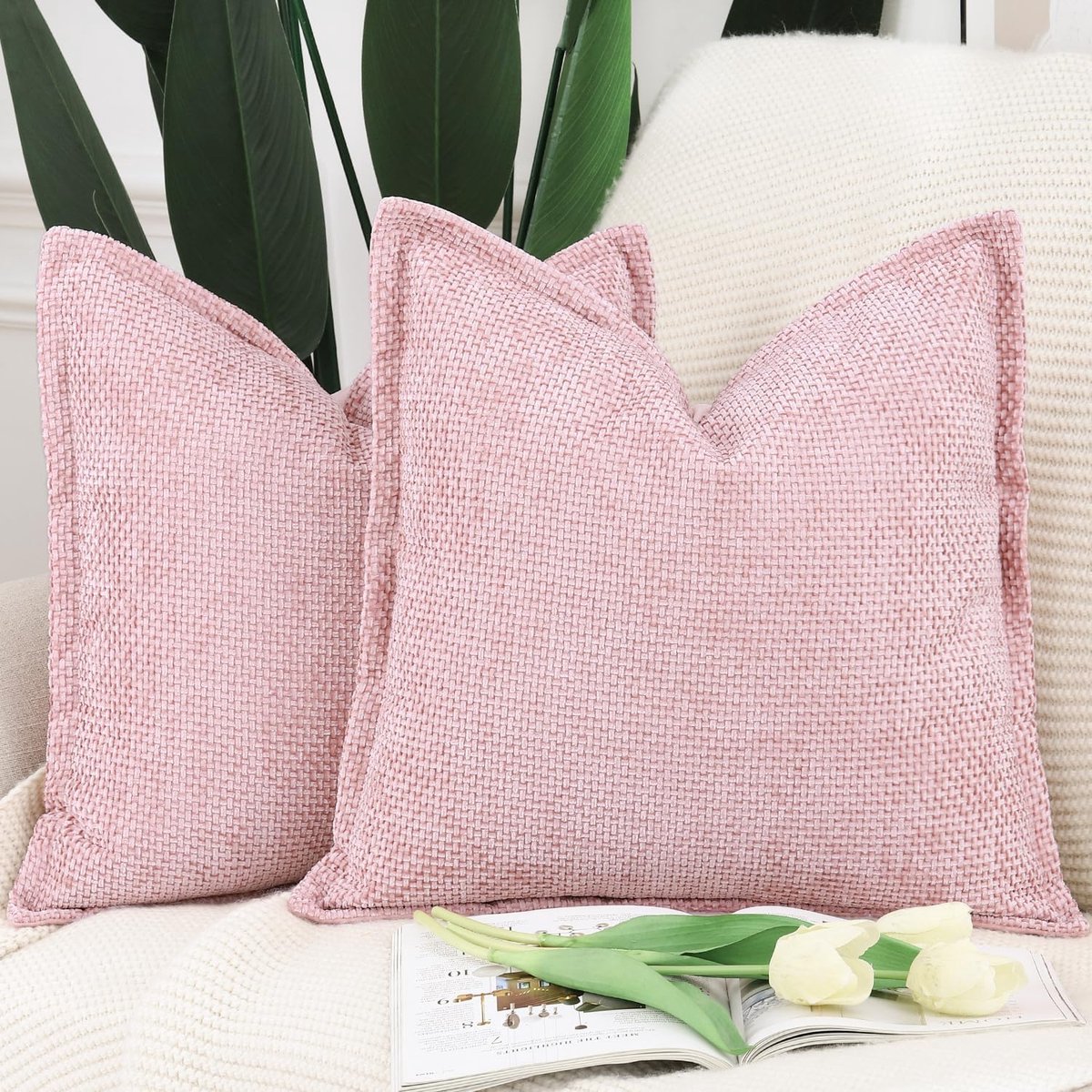 SnelShoppen - Set van 2 Zachte Korte Chenille Velvet Franje Kussenhoezen 50x50cm Roze Decoratieve Kussens voor Bank en Slaapkamer