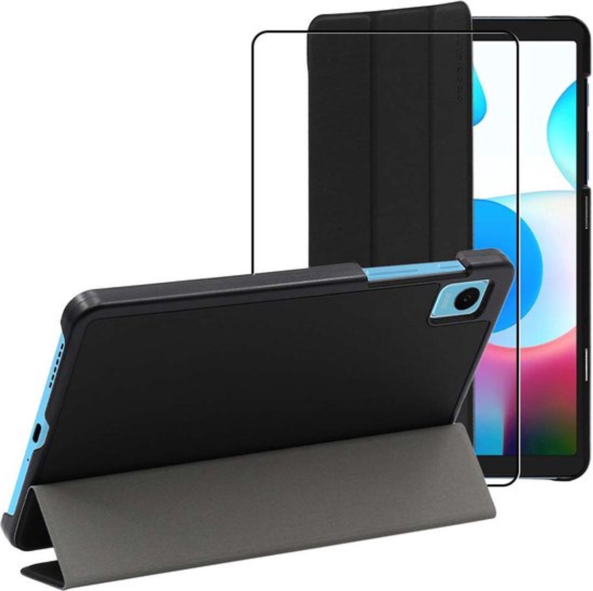 ebestStar - Hoes geschikt voor Realme Pad mini 8.7 (2022), Slanke Design PU Lederen Etui, Automatische Slaap/Wake, SmartCase hoesje, Zwart + Gehard Glas
