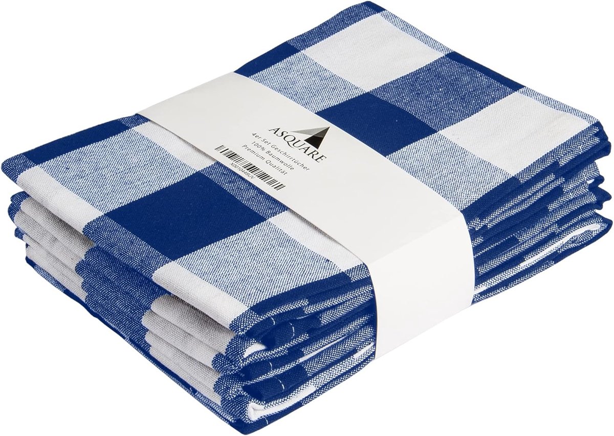 SnelShoppen - Set van 4 Keuken Handdoeken Katoen 50x70 cm - Blauw en Witte Geblokte Theedoeken - Absorberende Keuken Doeken - 220 g/m² Ideaal voor Dro