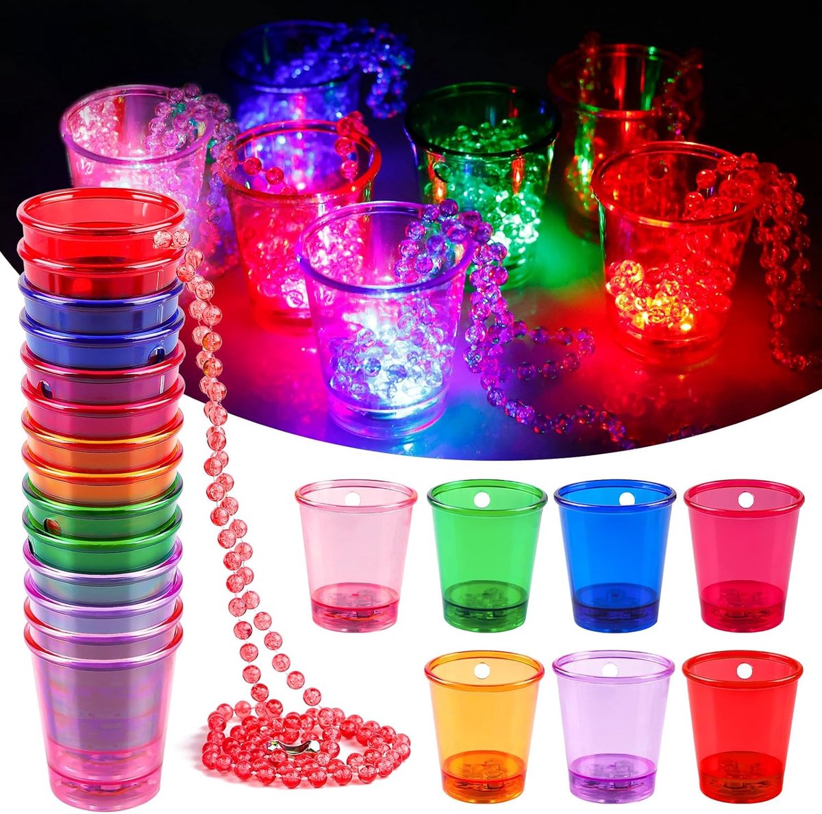 SnelShoppen - Set van 14 Kleurvolle Shotglazen met Ketting, Herbruikbare Plastic Schnapsglazen voor Feesten, Bruiloften en Cadeaus - 80 cm Lange Ketti