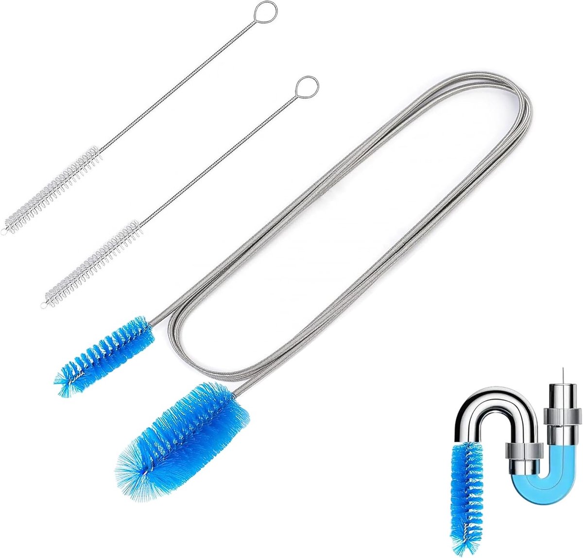 SnelShoppen - Kit Cleaning Brush voor Dubbele Hoofd Pijpen (2m) + 2 Tube Borstels (20cm) - Flexibele Afvoerborstel voor Pijpen, Afvoeren, Aquarium en