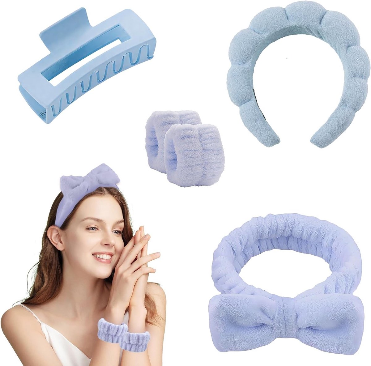 4-delige Make-up Haarband voor Vrouwen - Ideaal voor Schoonheid, Yoga en Douchegebruik (Blauw)