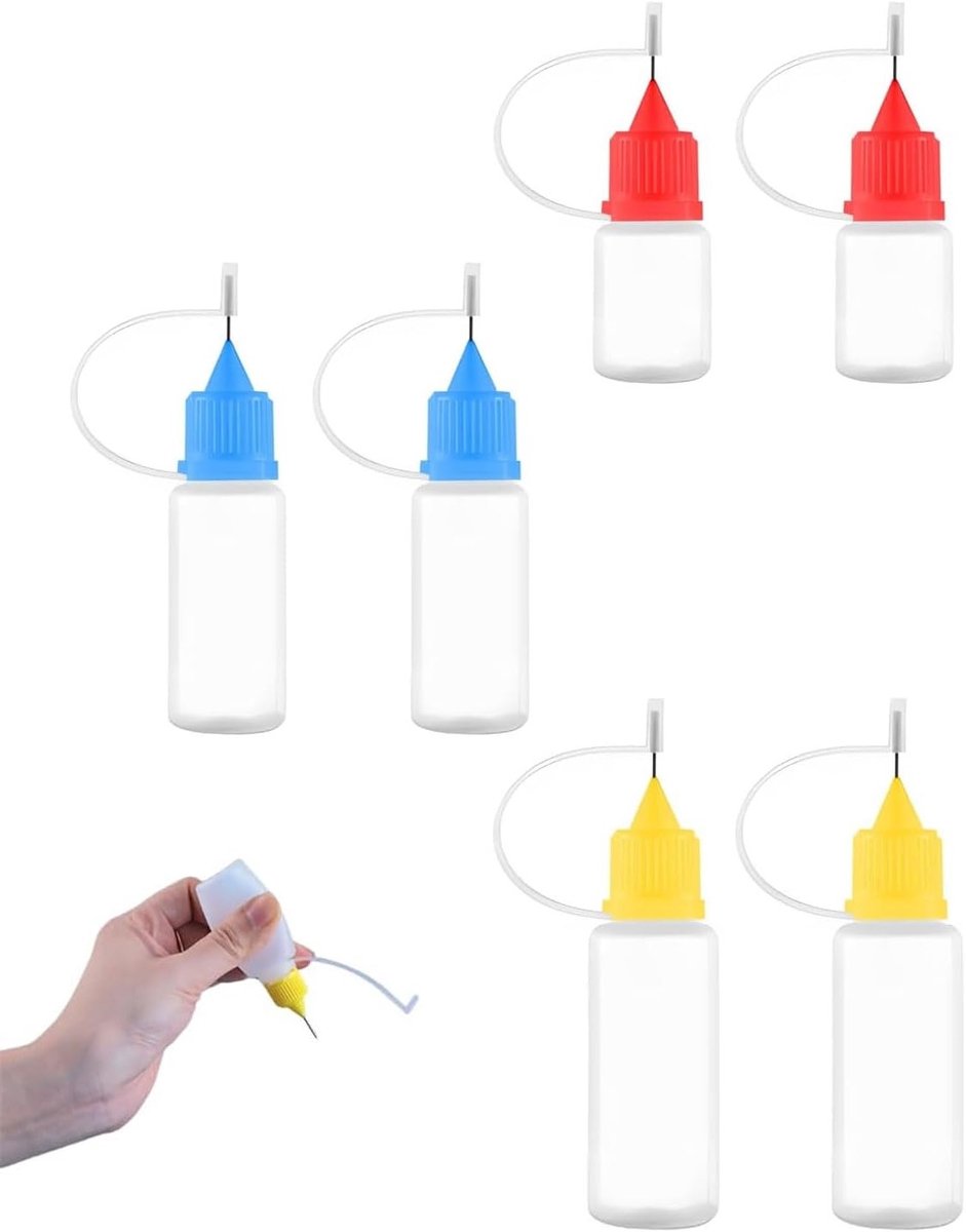 Set van 6 lege naaldflesjes voor precisiedosering, plastic lijmflesjes met naaldpunt (5ml + 10ml)