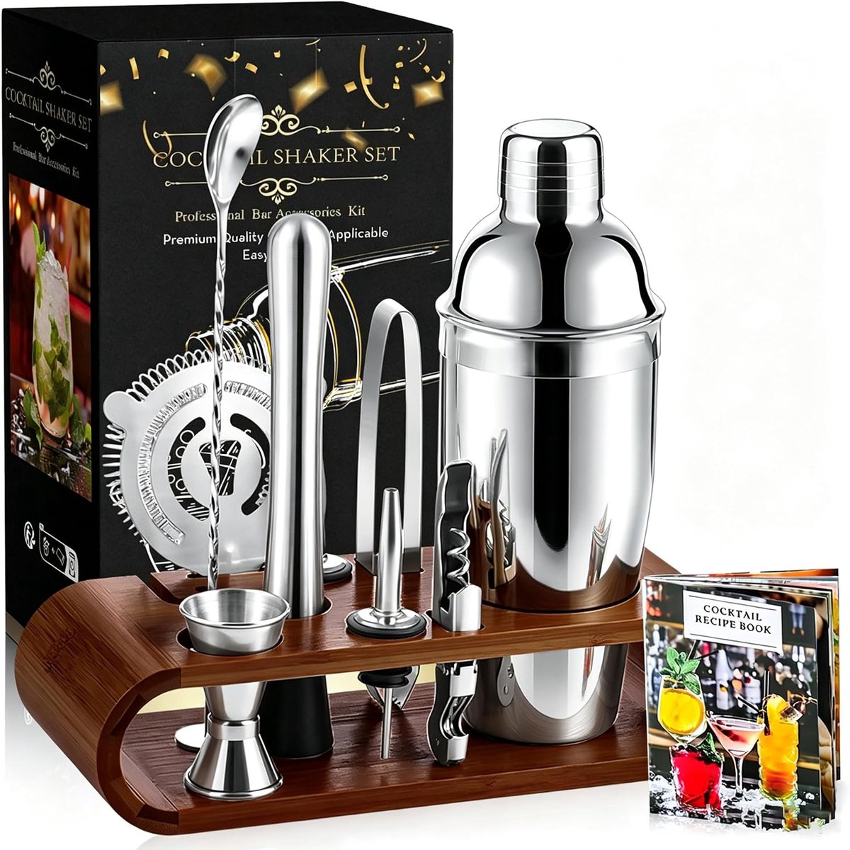SnelShoppen - Complete Cocktailshaker Set 750ML van 10 - Mixologie Set met Houten Standaard, Receptenboek, Baraccessoires voor Feesten en Thuisgebruik
