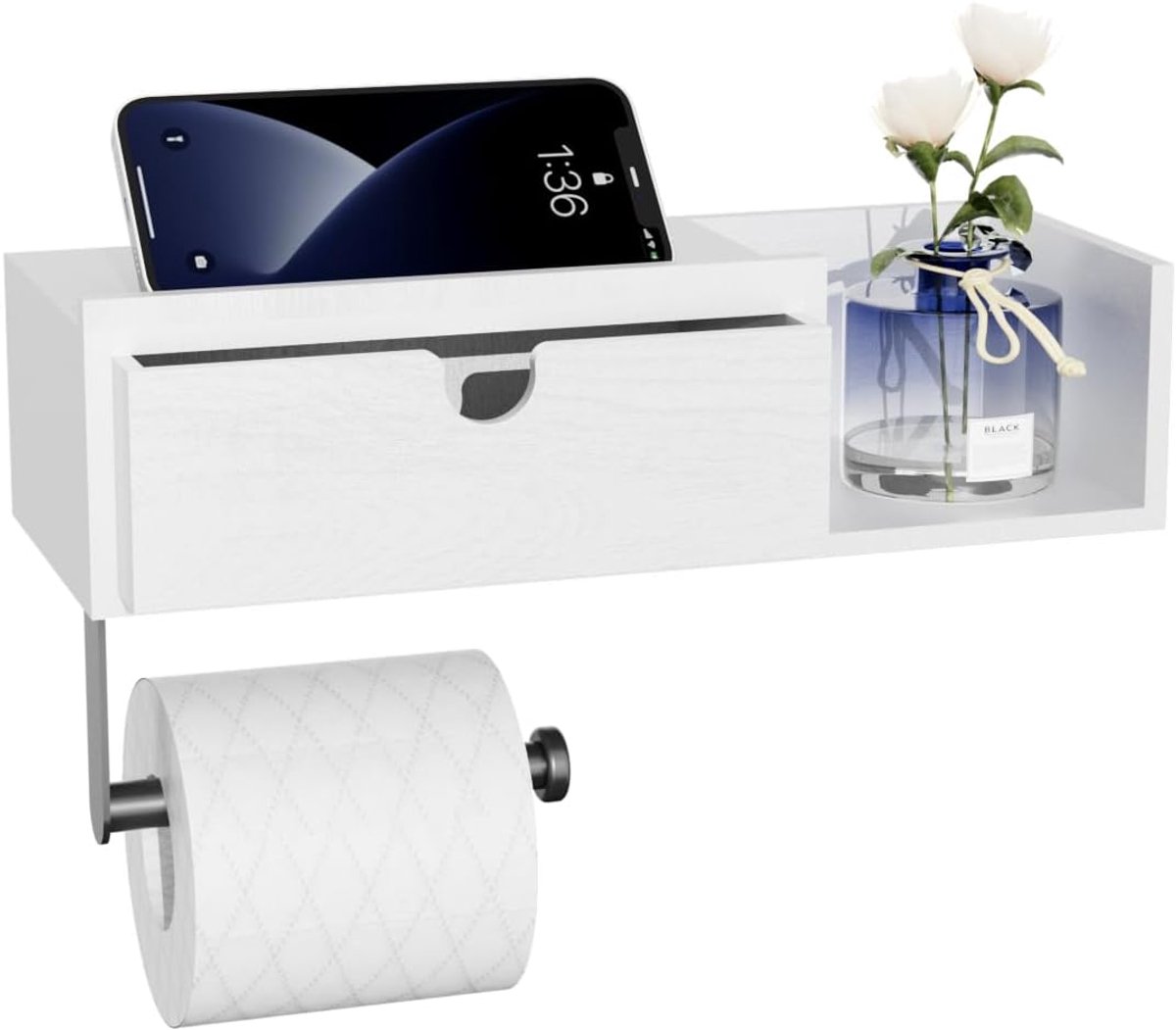 SnelShoppen - Toiletpapierhouder met ladeopslag - Zelfklevende toiletrolhouder - Multifunctionele badkamerplank - Hout en RVS - 30.7x11.7x8cm - Modern