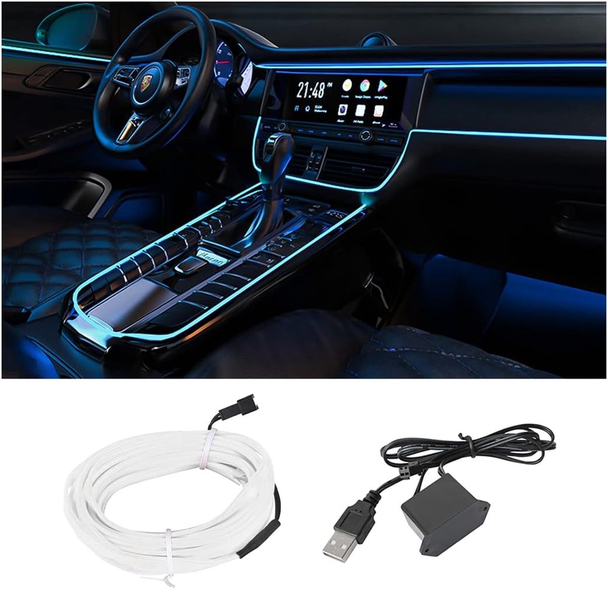 SnelShoppen - EL Wire LED Strip Lights 1.5m voor Auto Interieur - Neon Verlichting met Sigarettenaansteker Aansluiting - Ambiance Verlichting met Veil