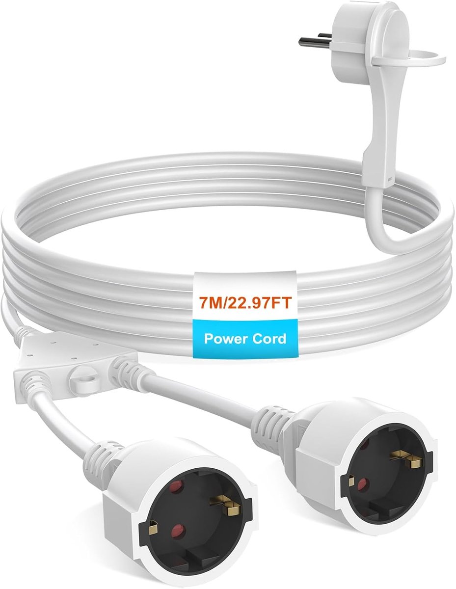 SnelShoppen - Verlengkabel 7 m met 2 Schuko Stopcontacten, Platte Stekker, Aanraakbescherming, IP20, 250V, 16A, 3680W, Wit voor Thuis en Kantoor