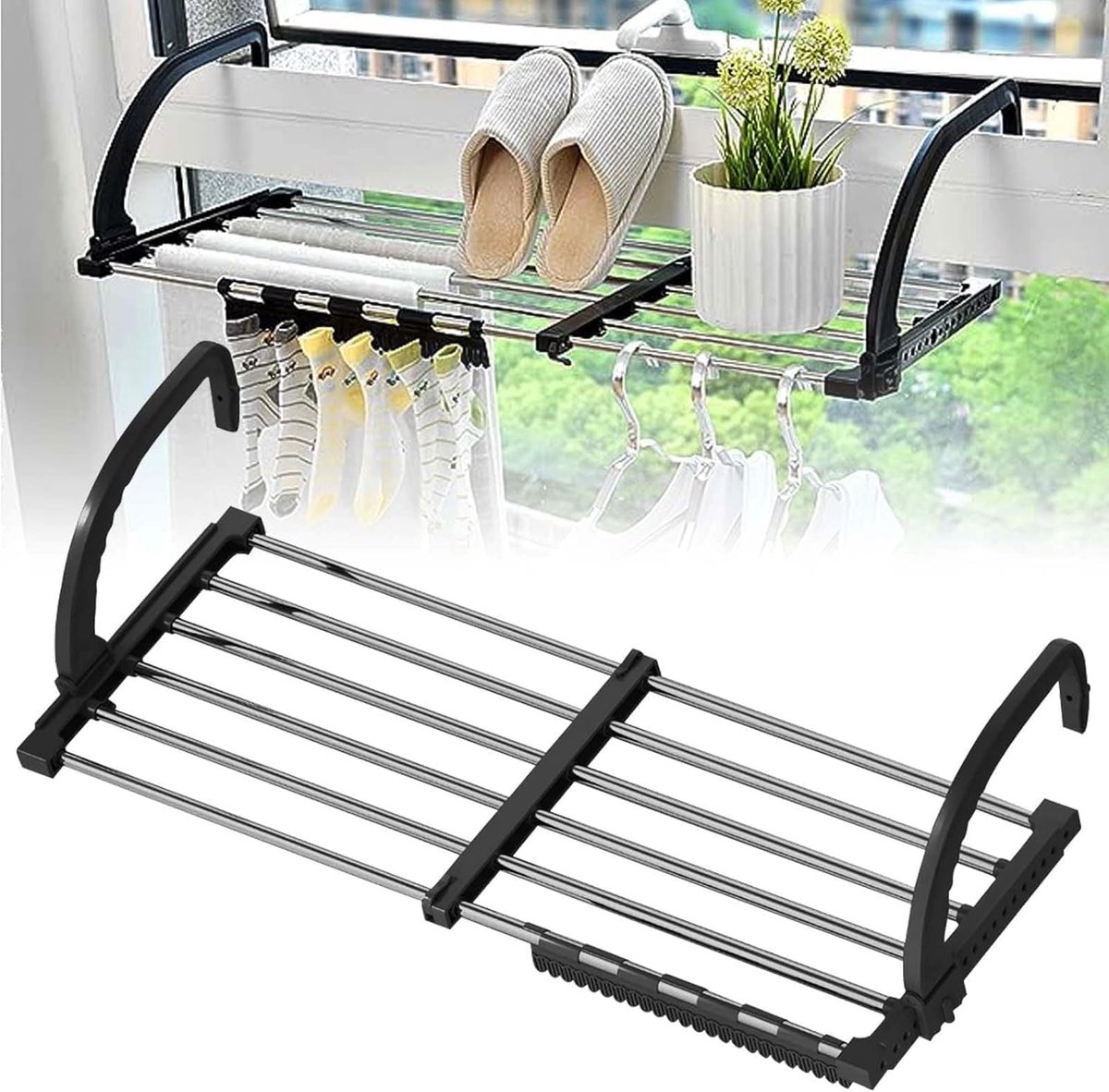 SnelShoppen - Uittrekbaar Droogrek Balkonhouder 44-76 cm, Roestvrij Staal, Handdoekhouder voor Binnen en Buiten, Compact en Verstelbaar, Zwart