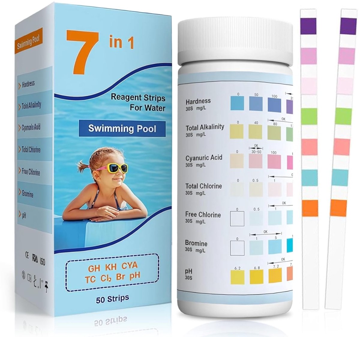 SnelShoppen - 100 Teststrips voor Zwembad en Spa, 7-in-1 pH-teststrips voor Whirlpool, Alkaline, Totale Hardheid, Vrij Chloor, Cyanurizuur, Chloor en