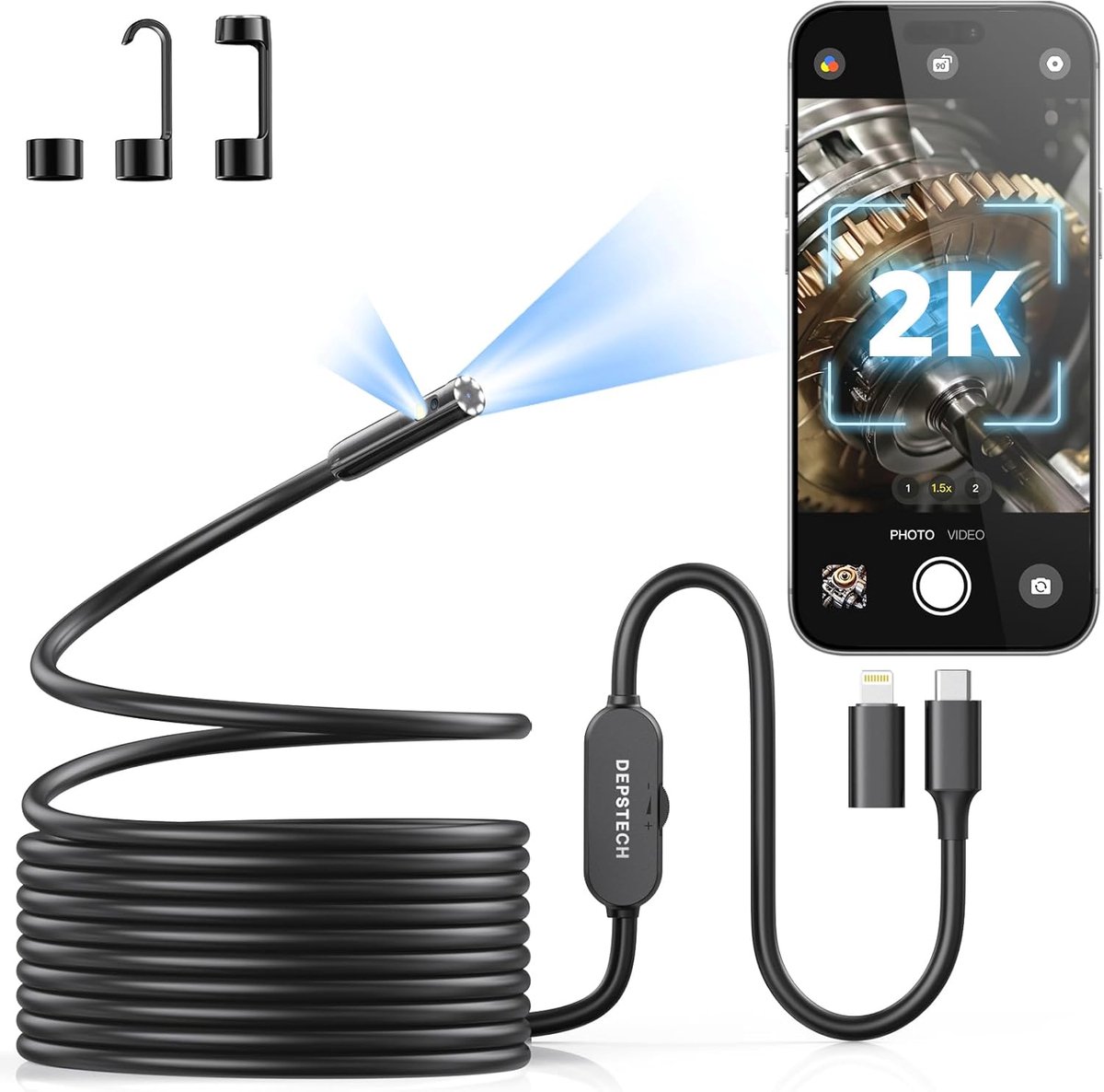 SnelShoppen - 2K Endoscopische Camera met Licht, 2560P QHD Dual Lens Inspectie Camera, 5M Hoes Kabelaansluiting voor iPhone en Android, Ideaal voor HV