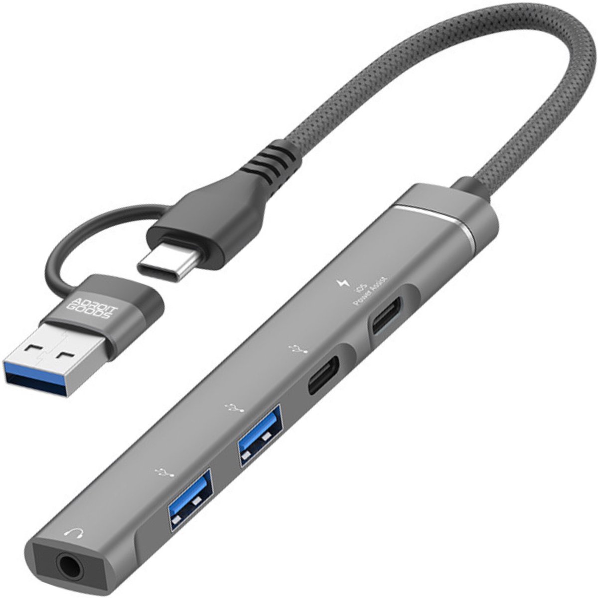 AdroitGoods USB-C & USB-A Hub 5-in-1 – 2x USB-A – USB-C Data & Opladen – 3.5mm Audio – OTG Adapter – Compacte Multiport Splitter voor Laptop Smartphone Tablet - Grijs