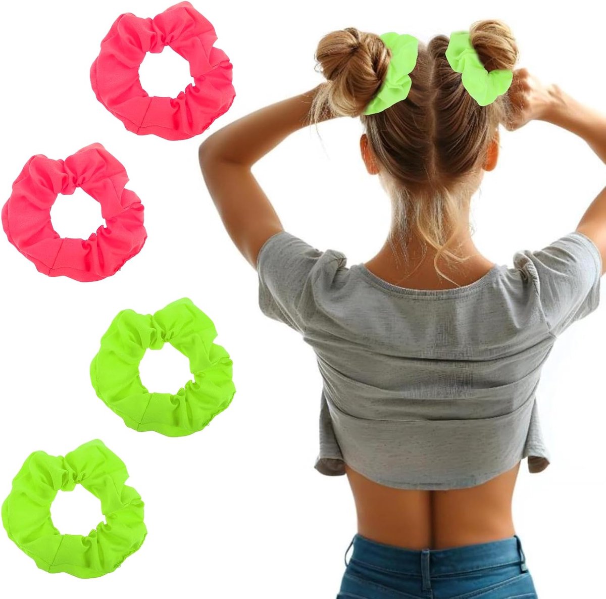 SnelShoppen - 4 Stuks Neon Roze Scrunchies - Zijden Haarbanden in Neon Roze - Elastische Satijnen Haarknip voor Ponytail - Dames Haaraccessoires voor