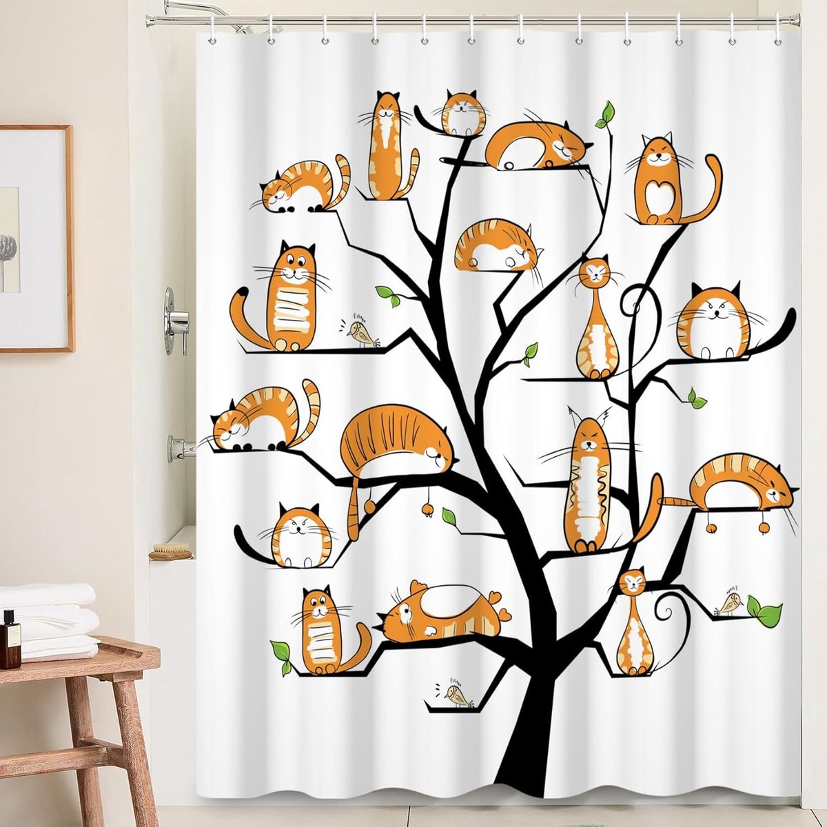 SnelShoppen - Schattige Cat Tree Douchegordijn Set 60x72 Inch Oranje Waterverf Katten Badkamer Gordijn Wasbaar Voor Dierenliefhebbers Badkamer Decorat
