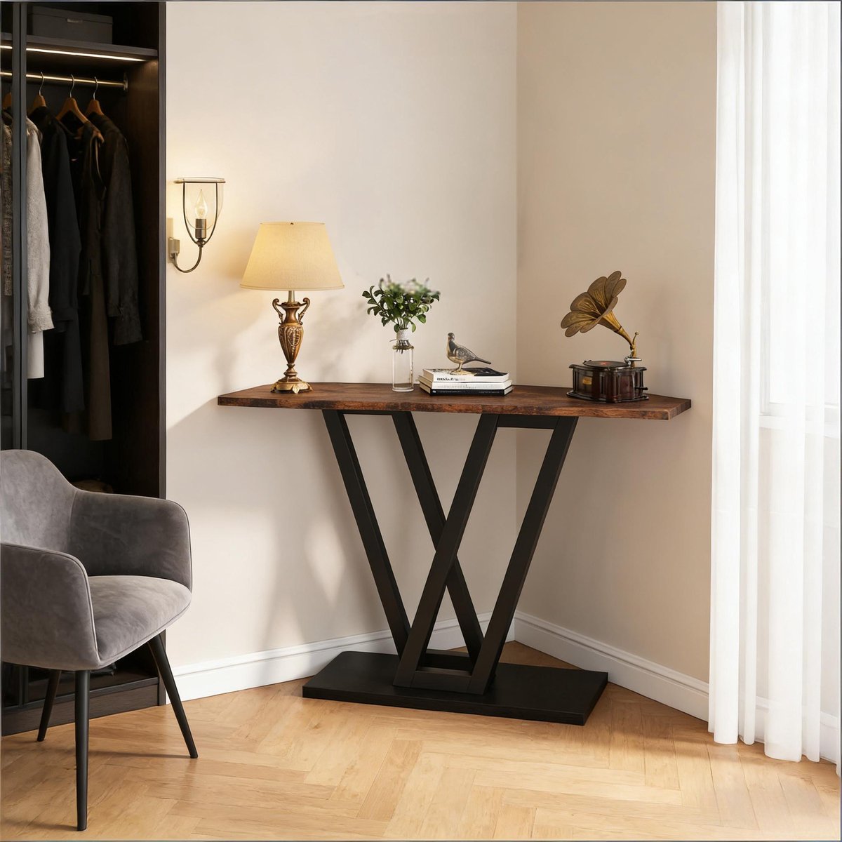 COVREO Sidetable 110x30x80 cm - zwart en rustiek bruin, MDF en metalen frame, draagvermogen 136 kg
