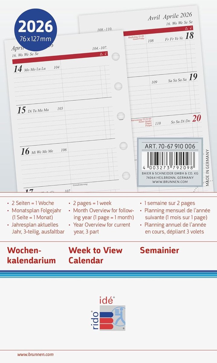 SnelShoppen - Weekly Kalender 2026 A7 - 128 Pagina's, 2 Pagina's per Week, Zwart/Bordeaux, 6-voudige Perforatie, Meertalig, Jaaroverzicht, Maandplanni