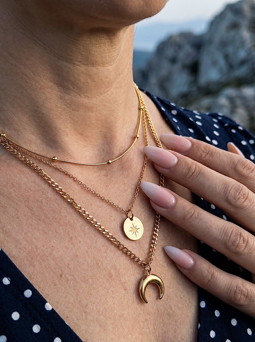 Anelplus Goudkleurige 3-Laagse Dames Ketting met Maan & Ster Hanger - Layered Ketting - Minimalistisch