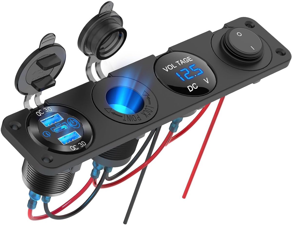SnelShoppen - USB Socket 12V RV Accessoire Marine Aluminium Oplaadpaneel met 3 USB PD Poorten, 150W Blauwe LED Voltmeter en Waterdichte Schakelaar voo