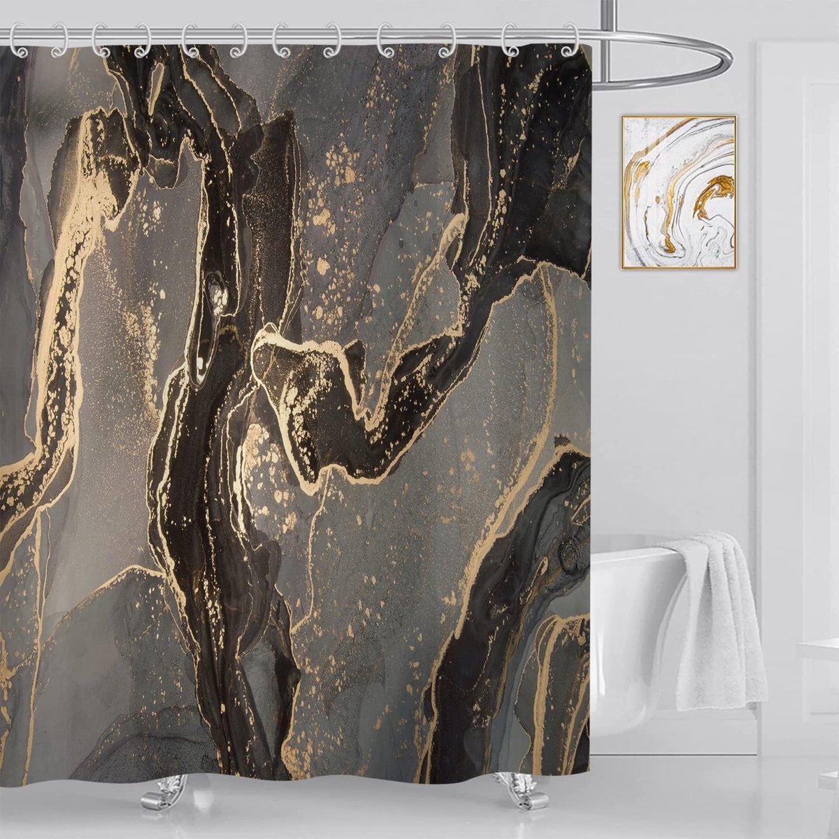 SnelShoppen - Marble Douchegordijn Modern Abstract Grijs Zwart Goud Marmer Look Wasbaar Polyester Waterdicht Douchegordijn met 12 Haakjes