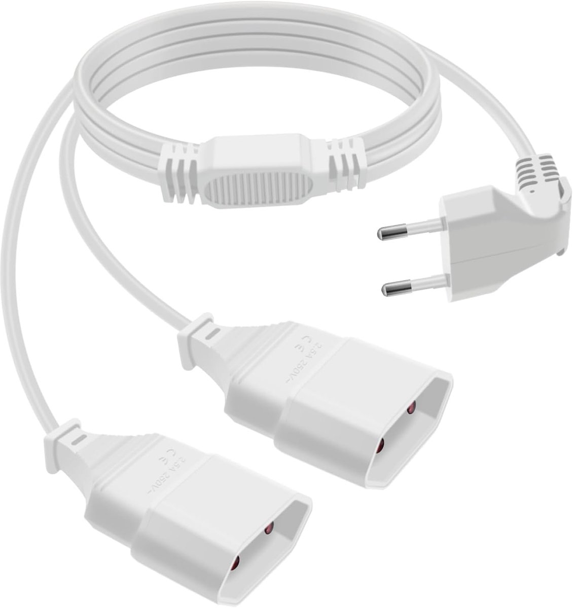 SnelShoppen - 2-in-1 Verlengsnoer met Euro Plug, 1.5m, 90° Hoek, 2.5A, 250V, Wit, Geschikt voor Thuisapparaten, TV, PC en Meer