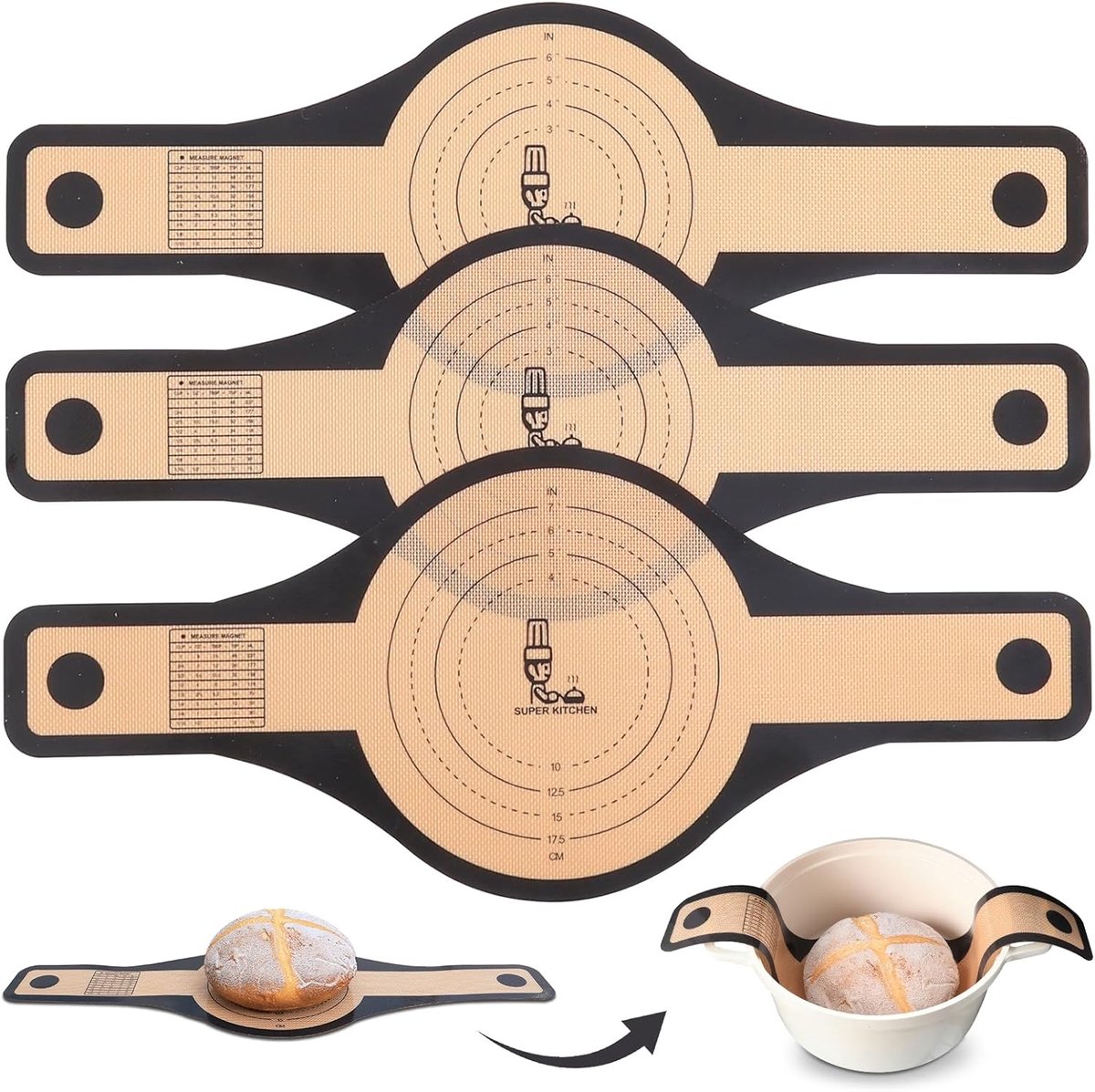 SnelShoppen - Silicone Broodmat voor Dutch Oven 3-delig 24cm & 21cm Extra Breed met Lange Handgreep - Anti-Stik Sourdough Bakmat Zwart