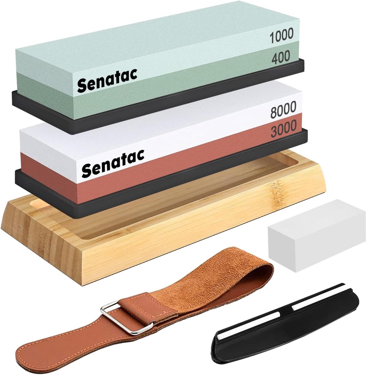 SnelShoppen - Professionele Slijpsteen Set - Dubbelzijdige Wetsteen 400/1000 & 3000/8000 - Messenslijper met Antislip Bamboebasis, Hoekgeleiding, Lere