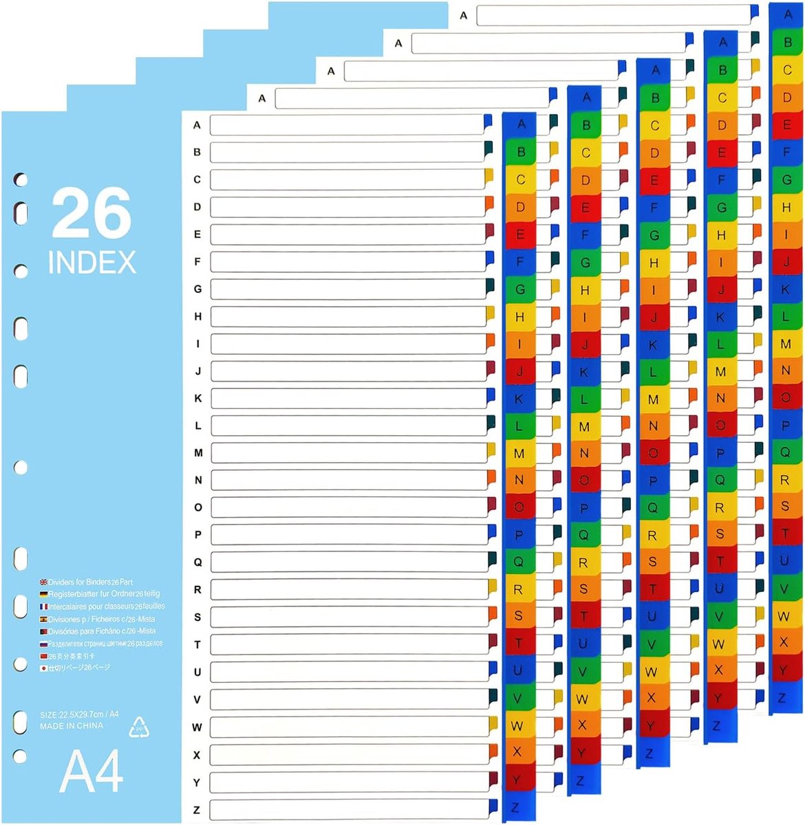 SnelShoppen - A4 File Dividers - 26 Stuks Folder Dividers A-Z Index - 5 Pack Plastic Binder Dividers met Meerdere Perforaties - Ideaal voor Lever File