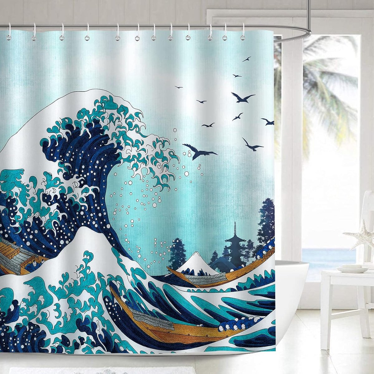 SnelShoppen - Bonhause Great Wave Douchegordijn 180x200cm - Japanse Kanagawa Ocean Waves Badkamer Gordijn - Waterdicht en Schimmelbestendig Polyester