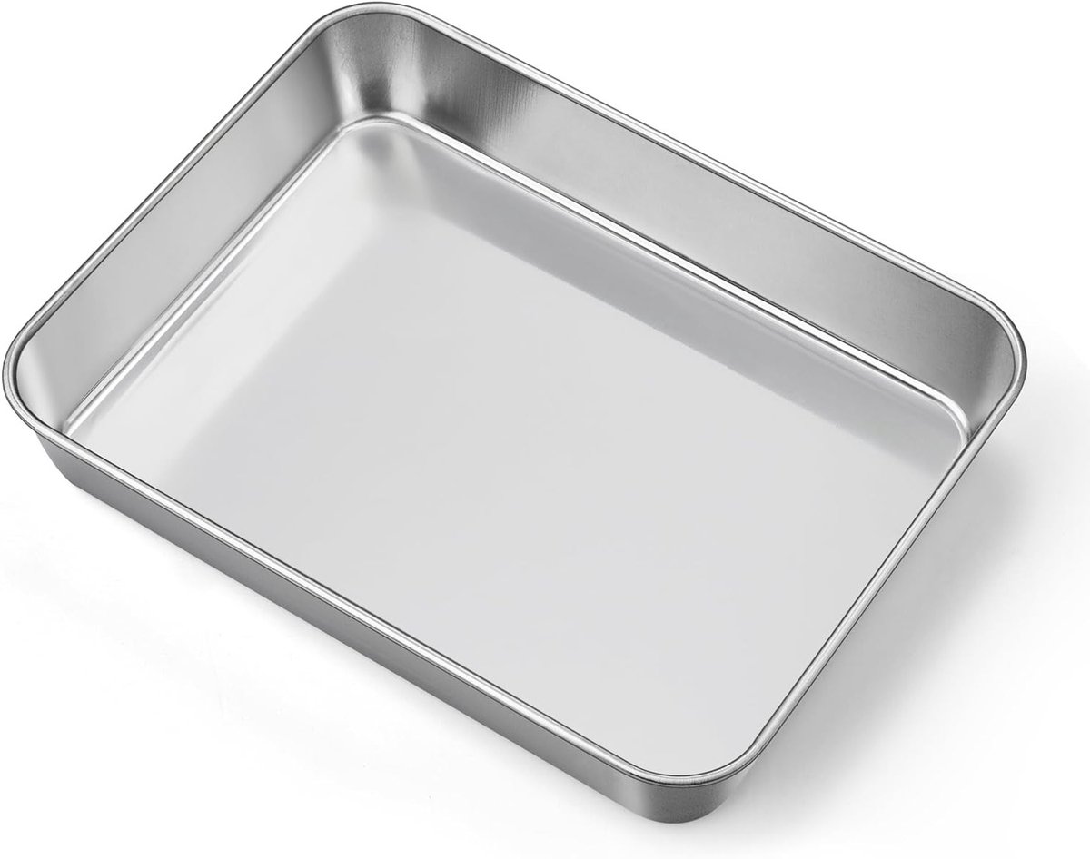Kleine rechthoekige bakplaat van roestvrij staal voor oven, ideaal voor taarten, lasagne en brownies, vaatwasserbestendig, 23.8 x 18 x 5 cm