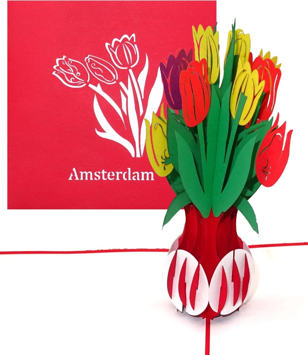 SnelShoppen - Pop-up kaart kleurrijke tulpen uit Amsterdam 3D verjaardagskaart als souvenir, cadeaukaart en reisvoucher met envelop