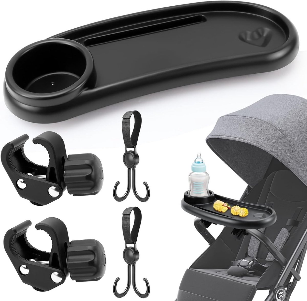 Snackhouder en Opbergplank met 2 Haakjes - Ideaal voor Kinderwagens en Buggies