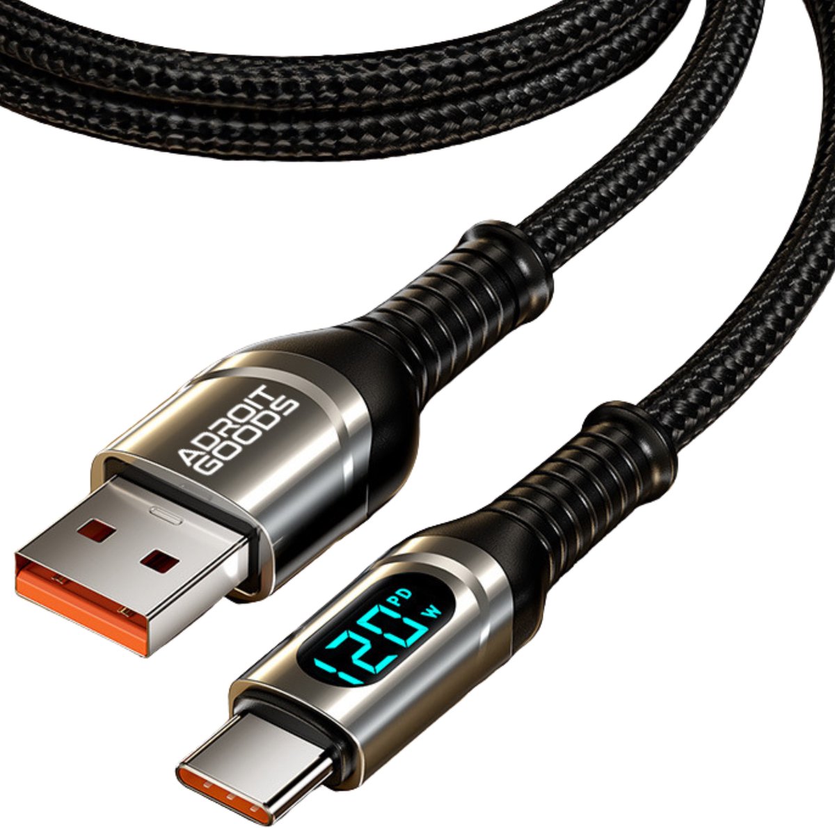 AdroitGoods USB-A naar USB-C Kabel 120W Snellader met Display PD Fast Charge Nylon Gevlochten Data Kabel Universeel - Zwart 2 m
