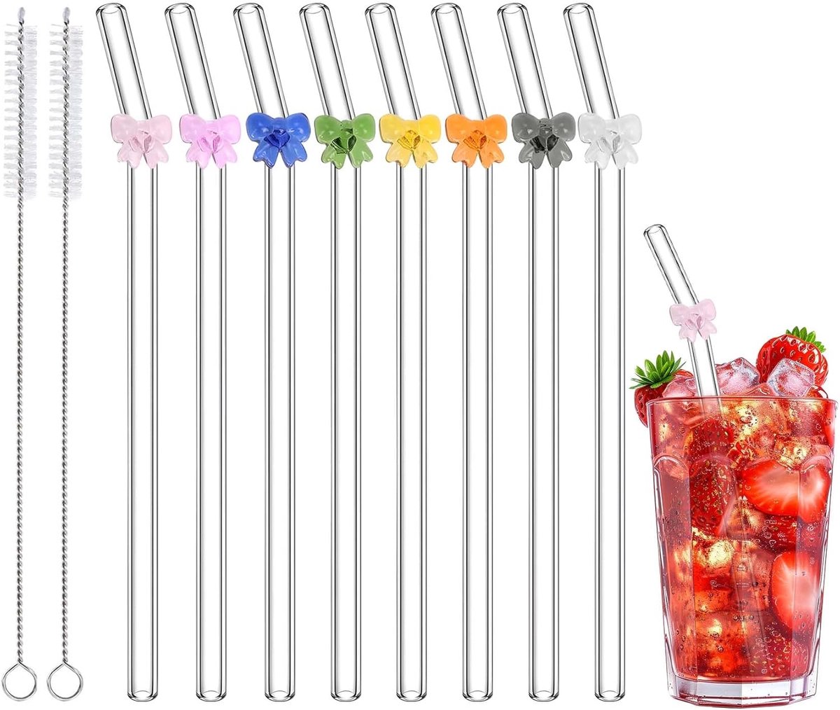 SnelShoppen - 8 Stuks Kleurige Glas Rietjes met 2 Reinigingsborstels - Herbruikbare Rietjes voor Smoothies, Cocktails, Melkshakes - Duurzaam en Milieu