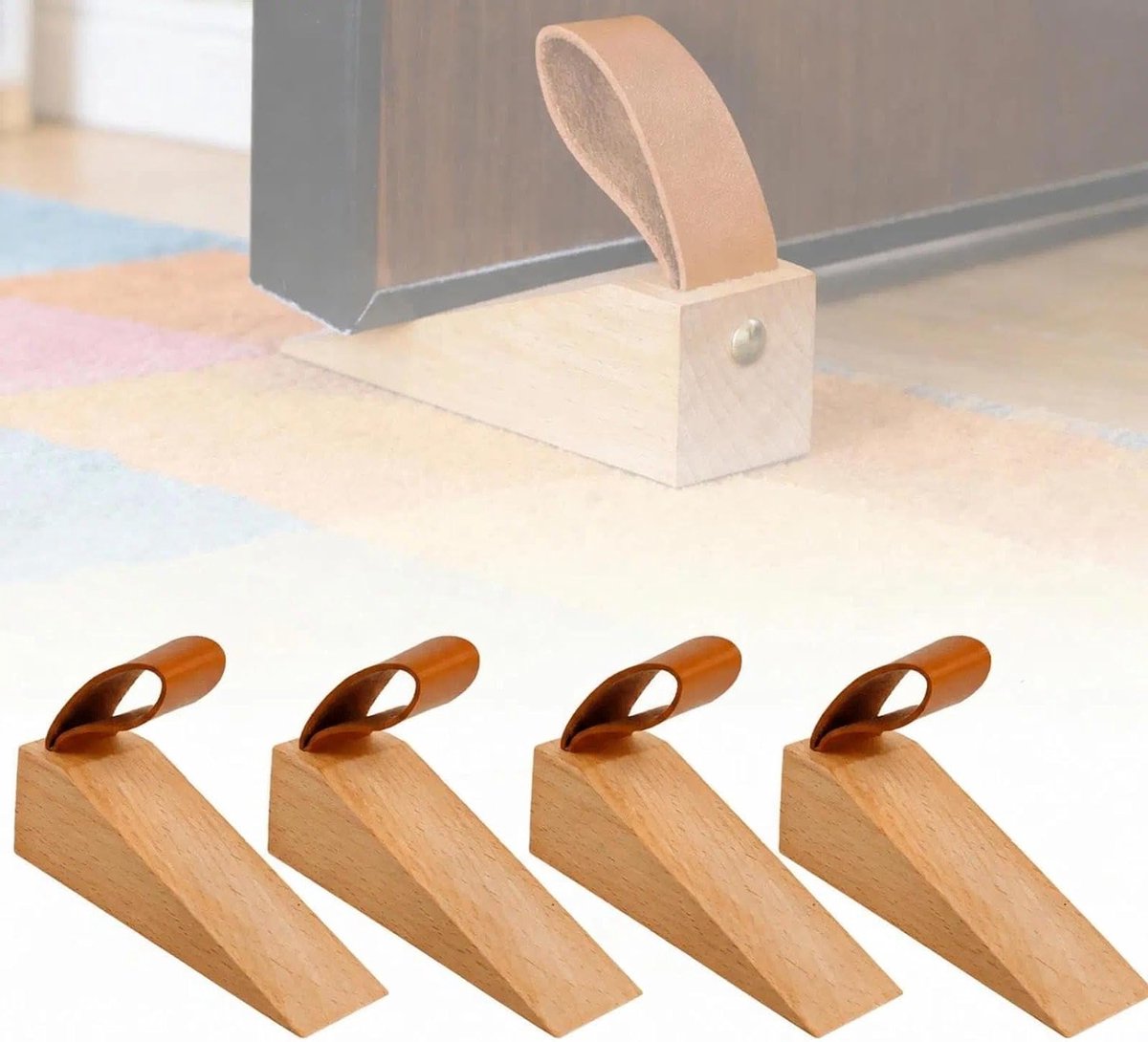 Houten deurstopper wiggen met antislip onderlaag, 4 stuks, ideaal voor deuropeningen van 5 tot 30 mm, 112mm x 35mm, met lederen greep en stevige grip
