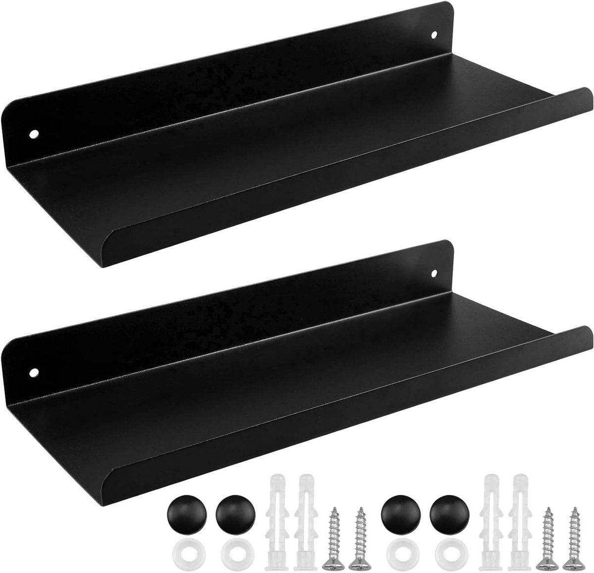 Set van 2 Zwarte Wandplanken van Metaal, Zwevende Planken voor Opslag en Decoratie in Woonkamer en Slaapkamer, 28 x 11 cm