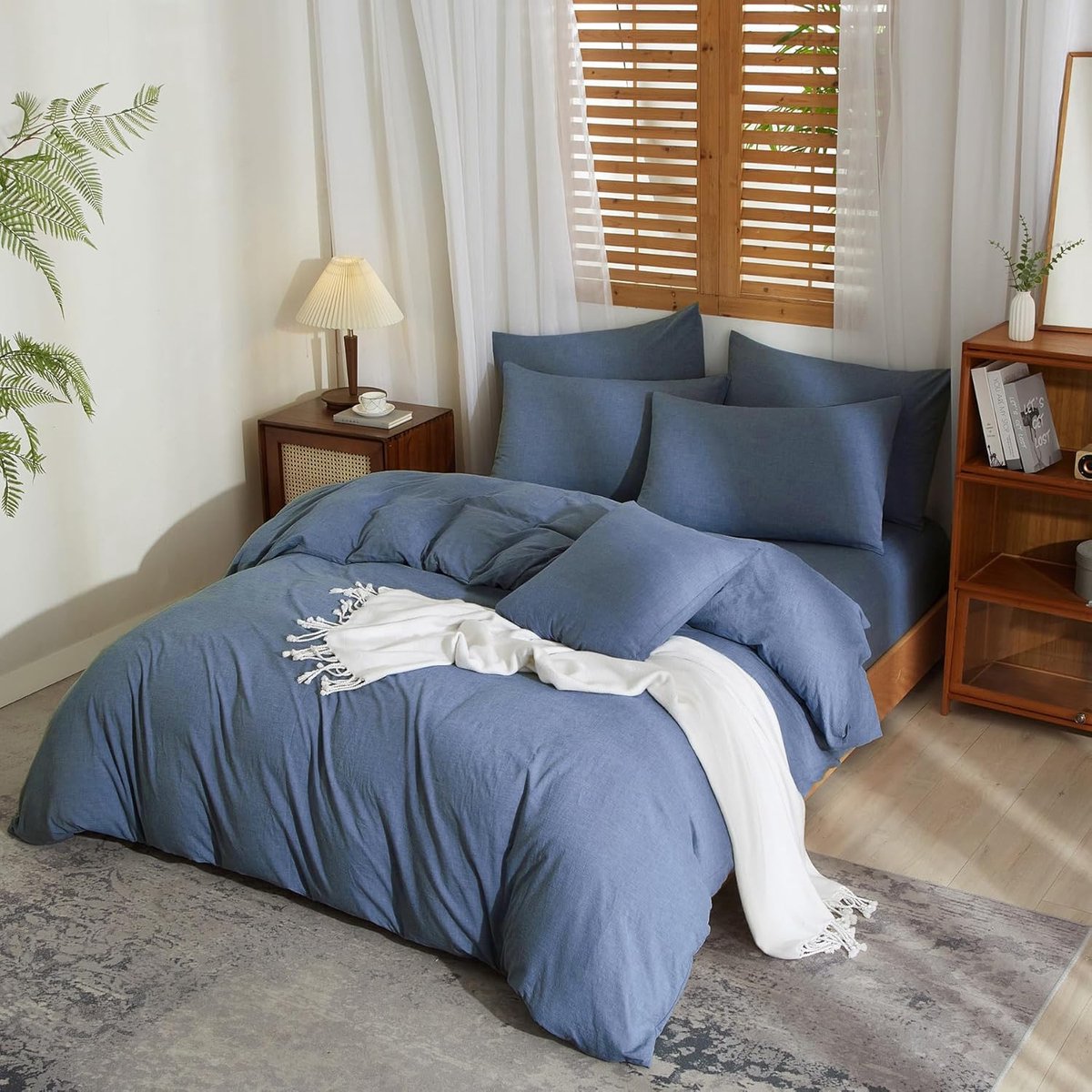 SnelShoppen - Half-linnen dekbedovertrek set 220 x 240 cm denim blauw, zacht, ademend, comfortabel, 3-delig met rits en 2 kussenslopen 80 x 80 cm