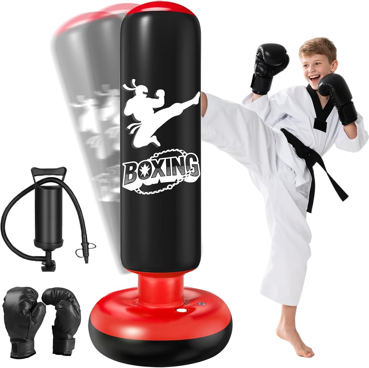 SnelShoppen - Punching Bag voor Kinderen 6-12 Jaar - Staande Opblaasbare Bokszak 160 cm met Bokshandschoenen - Perfect voor Karate Training en Kickbok