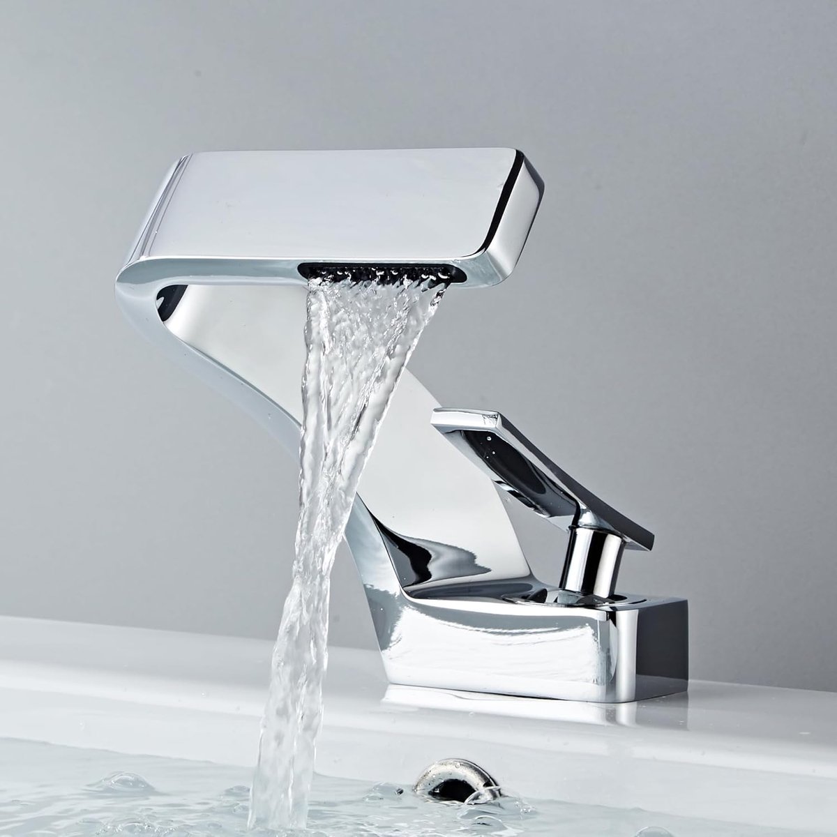 SnelShoppen - Waterfall Faucet Badkamer Mengkraan, Chroom-Zilver, Koper, Keramische Ventiel, Waterbesparend Ontwerp, Enkele Gat, Luxe Design, Voor Hot