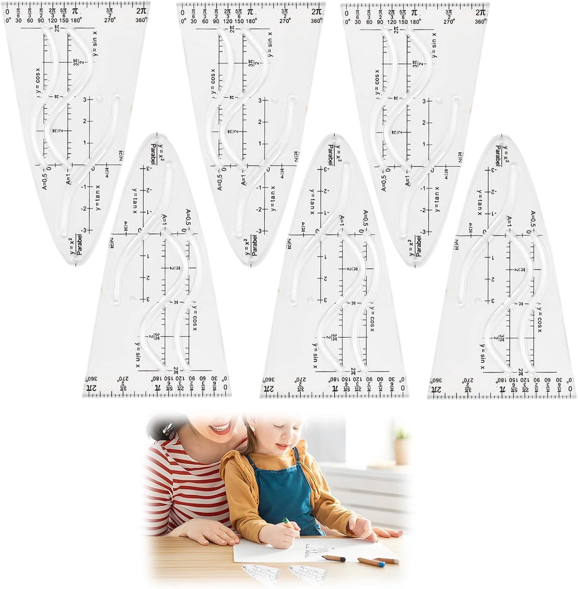 SnelShoppen - 6pcs Parabola Templates - Transparante Rulers voor Wiskunde, Cosinus en Normale Parabels, Curved Ruler voor Geometrie en Teken, Perfect