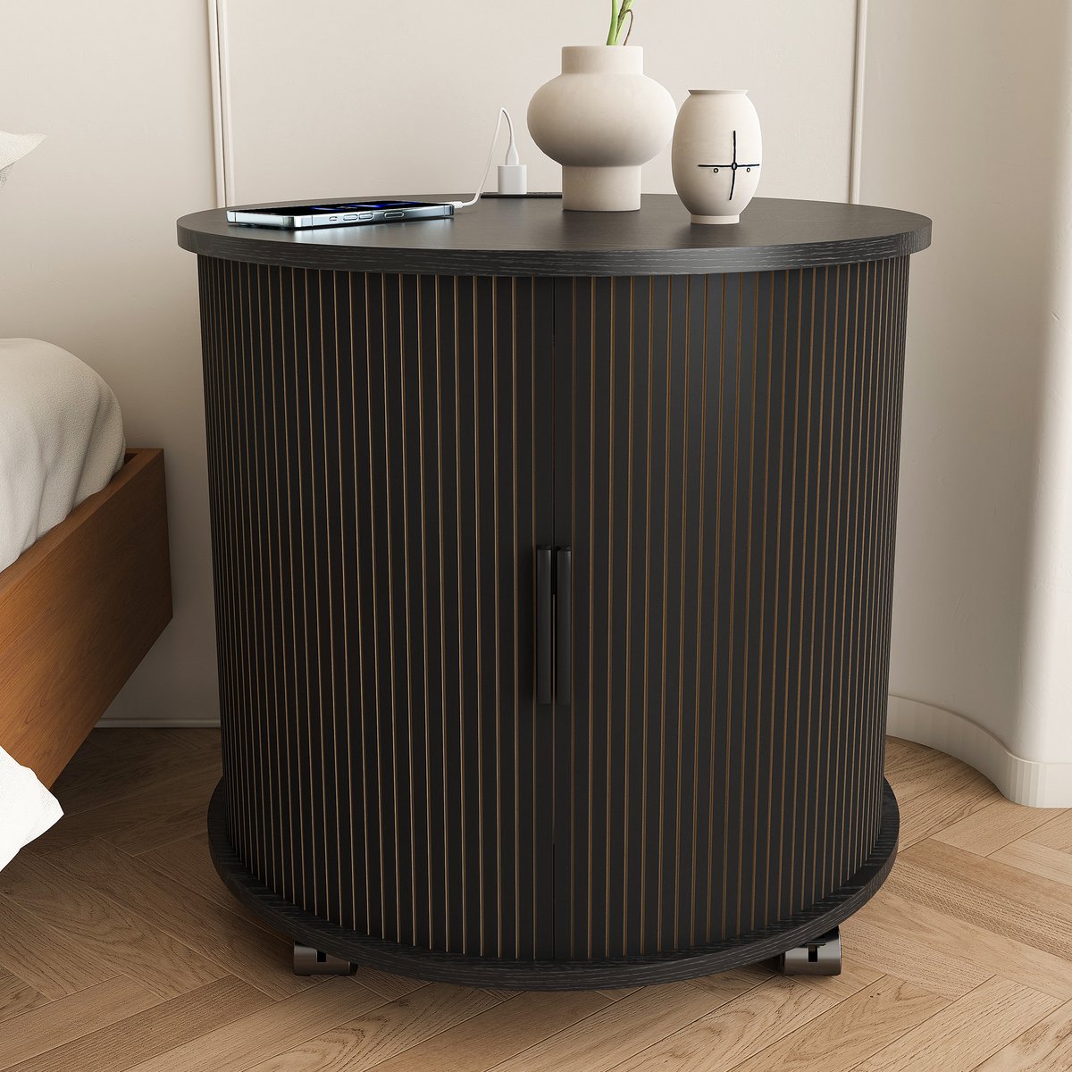 STILVORA Dressoir - Cilindrische Kast Met Oplaadstation En Schuifdeur - Voor Slaapkamer En Woonkamer - MDF - 60x60x60 Cm - Zwart