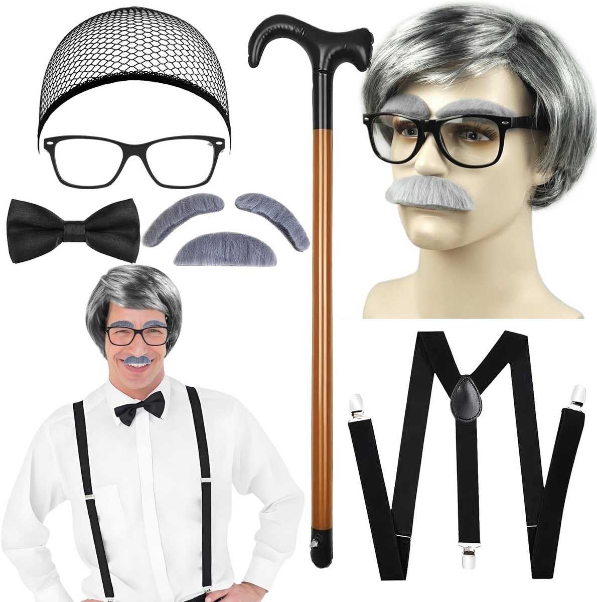 Set van 7 Kostuums voor Grootvader met Grijze Peruk, Bril, Zelfklevende Baarden en Haarnetten voor Halloween en Feestjes
