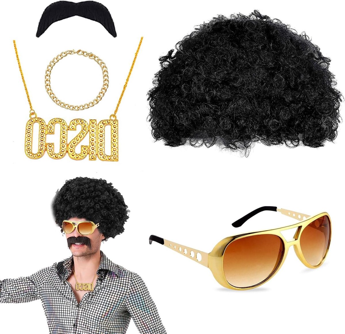 Vijfdelig Disco Hippie Kostuum met Funky Afro Peruk, Accessoires en Outfit voor 60s, 70s en 80s Feestjes