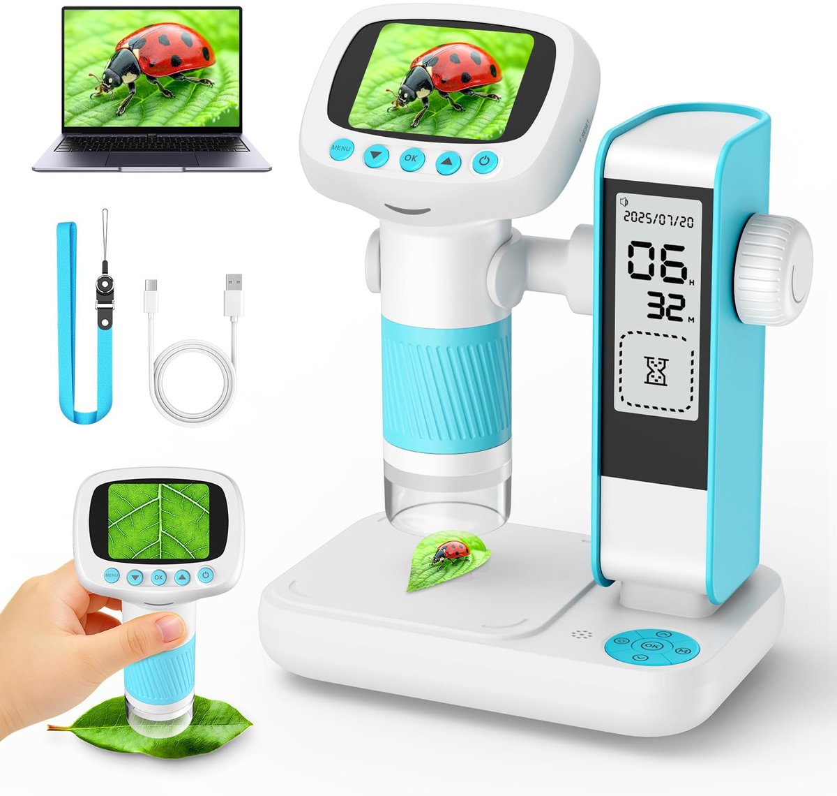 QTTVBTNA -Microscoop - Kindermicroscoop - Digitale Microscoop - Blauw, 1000x vergroting, 2 inch IPS-scherm - 5MP foto, 1080P video - Met statief, wekker en timer - 4 LED's, USB oplaadbaar - Voor Windows - Cadeau voor kinderen 3-12 jaar