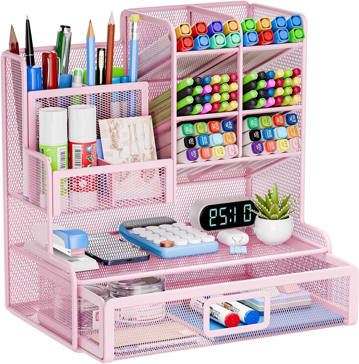 Multifunctionele Bureau Organizer met 12 Compartimenten, Mesh Design en Lade voor Kantoorbenodigdheden (Roze)