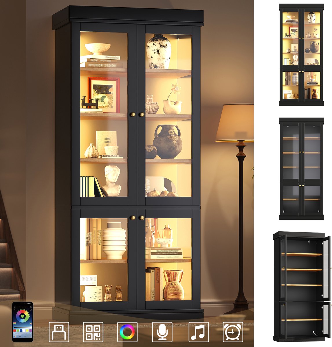 Clruro Keukenkast - 80 × 40 × 180 cm - met LED - met Kantelbeveiliging - MDF en Metaal - Zwart