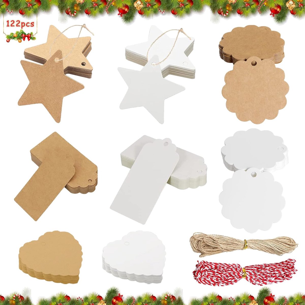 SnelShoppen - 120 Pcs Kerst Cadeautags, Kraft Papieren Labels met Koord, Geschenktags voor Kerst, Bruiloft, Decoratie, Milieu-vriendelijk en Duurzaam