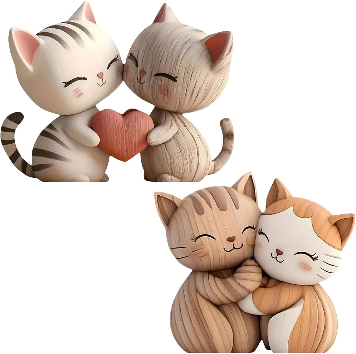 SnelShoppen - 2 Stuks Houten Kat Koppel Beeldjes, 2D Fantasy Kat Standbeelden voor Planken, Kantoor, Perfect voor Kat Liefhebbers