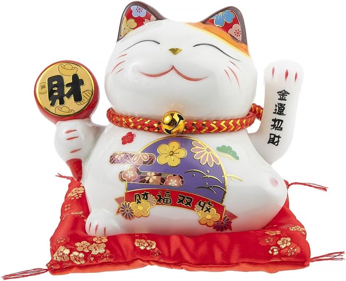 SnelShoppen - Maneki Neko Cat Figurine - Gelukskat met Beweegbare Arm - Traditioneel Japans Gelukssymbool - Porselein - 12 x 14 x 10 cm - Witte Decora
