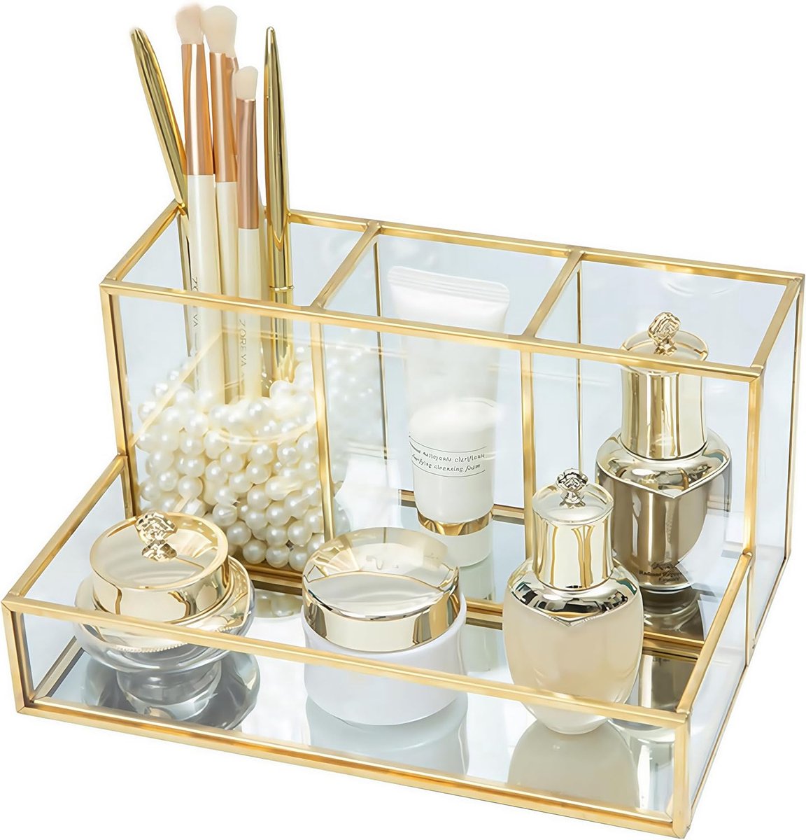 SnelShoppen - Cosmetics Organiser Makeup Organizer Beauty Holder Goud Glazen Cosmetic Box 20x14x10 cm - Perfect voor Lippenstiften, Oogschaduw, Sierad